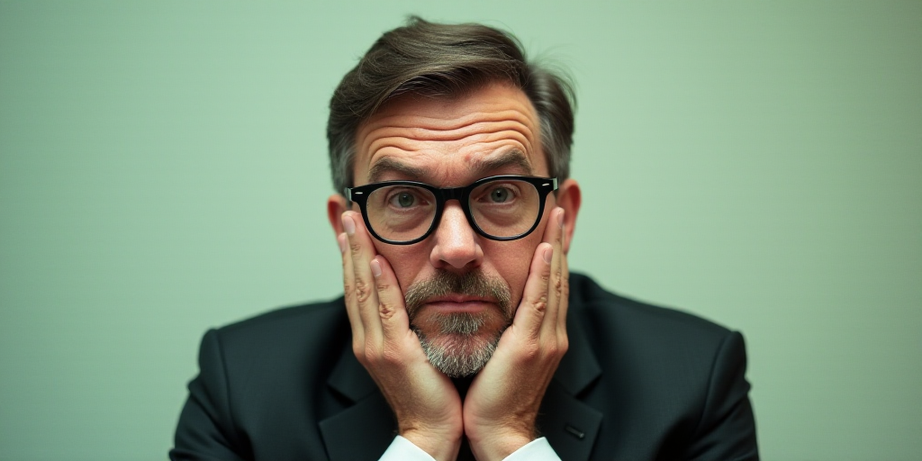 a man in a suit and glasses is posing for a picture with his hands on his chins and his chin resting