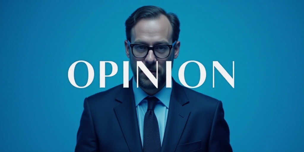 a man in a suit and glasses is shown in a blue background with the words opinion written on it, Estu