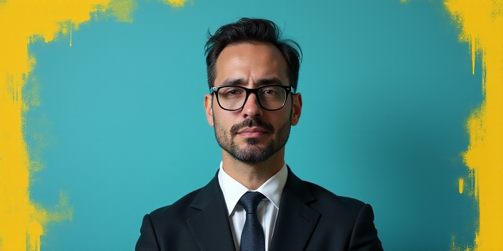 a man in a suit and glasses standing in front of a blue background with a yellow border and a black