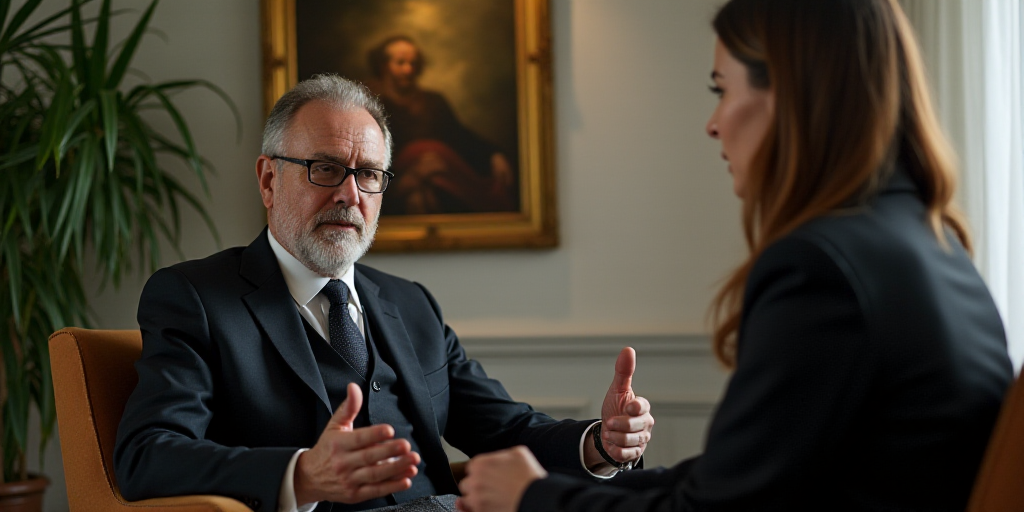 a man in a suit and glasses talking to someone in a chair with a plant in the background and a paint