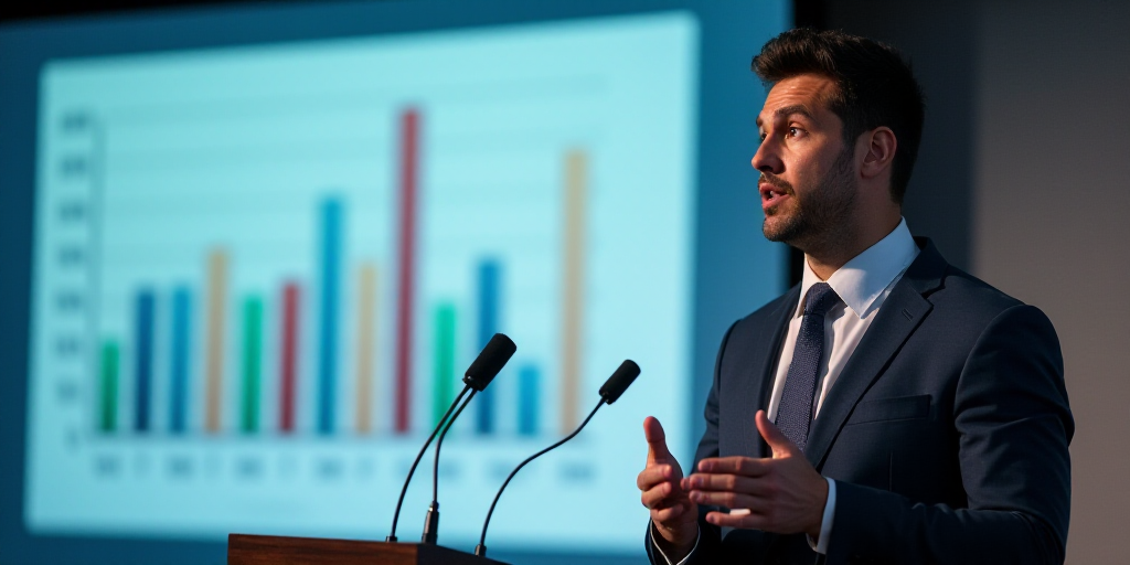 a man in a suit and tie giving a presentation on a screen with a bar chart behind him and a micropho