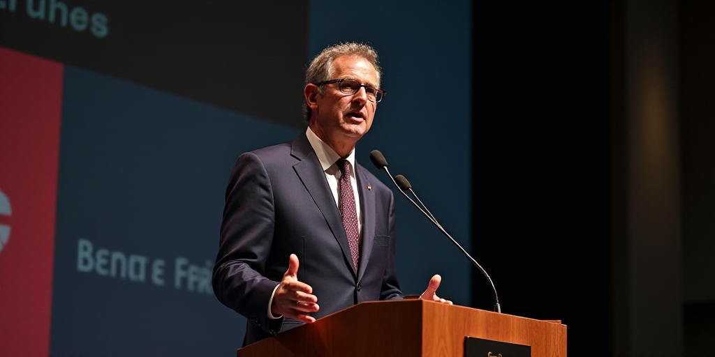 a man in a suit and tie giving a speech at a podium with a microphone in front of him, Didier Mouron