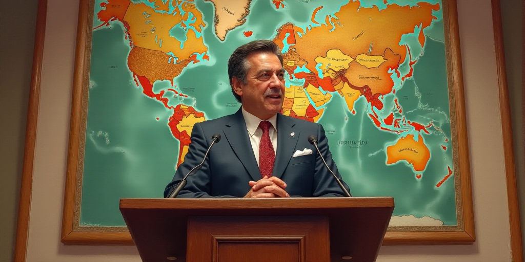 a man in a suit and tie giving a speech at a podium with a map on the wall behind him, Carlos Franci