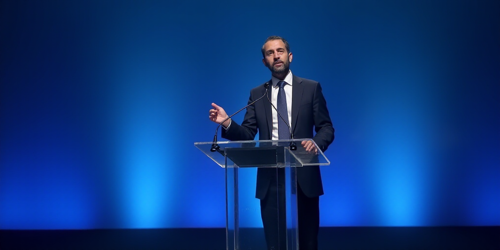 a man in a suit and tie giving a speech at a podium with a blue background and a blue backdrop, Bouc