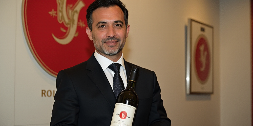 a man in a suit and tie holding a bottle of wine in front of a wall with a red and white logo, Carlo