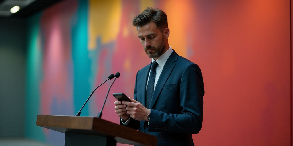 a man in a suit and tie holding a cell phone in front of a podium with a colorful wall behind him, F