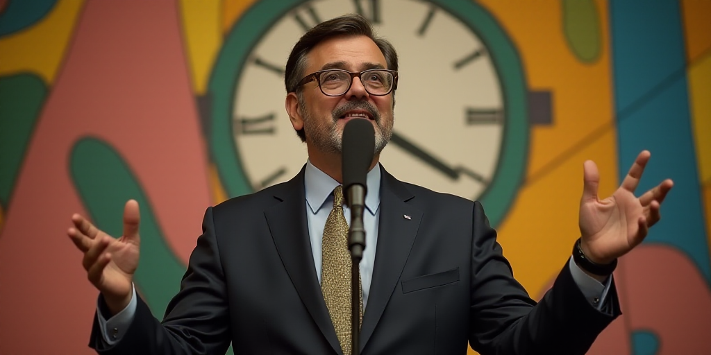a man in a suit and tie holding a microphone in front of a colorful wall with a clock on it, Agustí