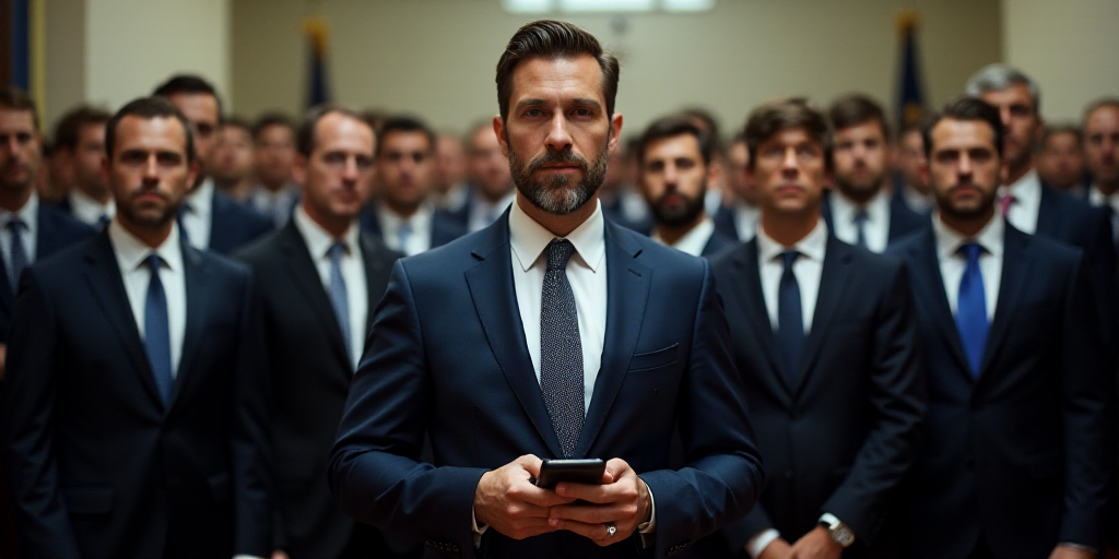 a man in a suit and tie holding a cell phone in front of a group of men in suits, Donald Roller Wils