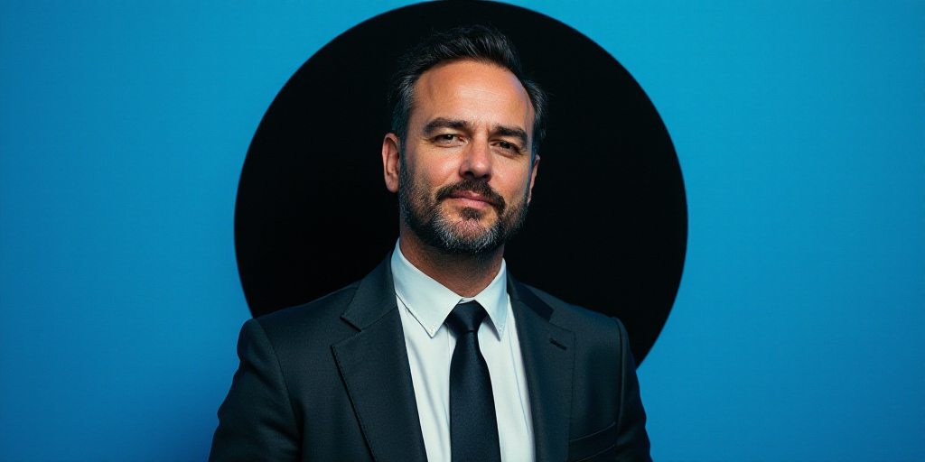 a man in a suit and tie is featured in a blue background with a black circle and the words,'opinion