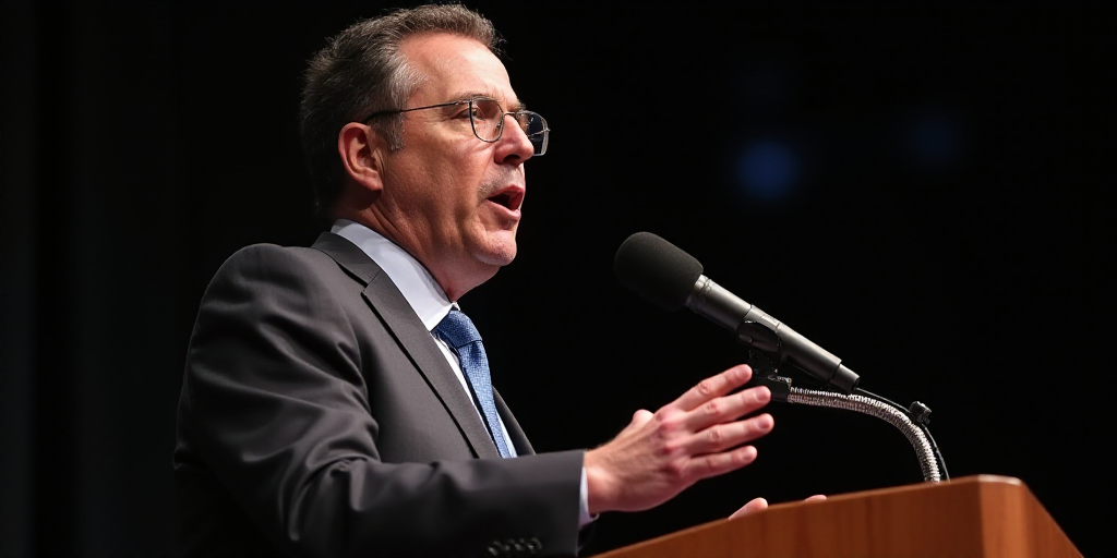 a man in a suit and tie is giving a speech with his hands up in front of him and a microphone in the