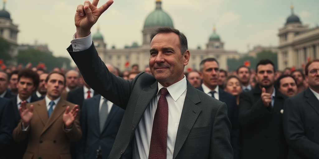a man in a suit and tie is holding up a peace sign in front of a crowd of people, Cristache Gheorghi