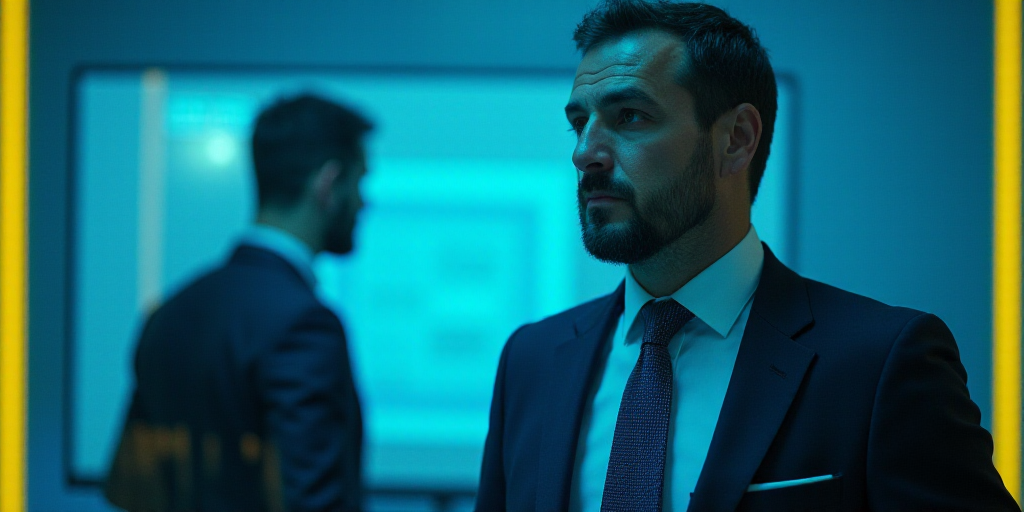 a man in a suit and tie is looking at the camera with a blue background and a yellow border, Bracha