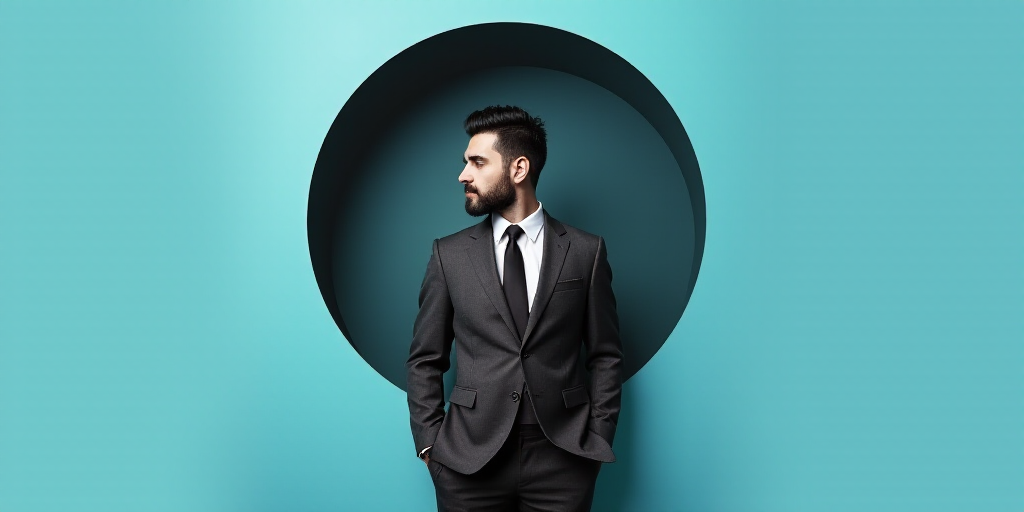 a man in a suit and tie is on a blue background with a black circle and a black and white photo, Ale
