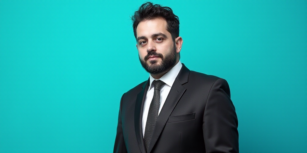 a man in a suit and tie is on a blue background with a black and white photo of himself, Estuardo Ma