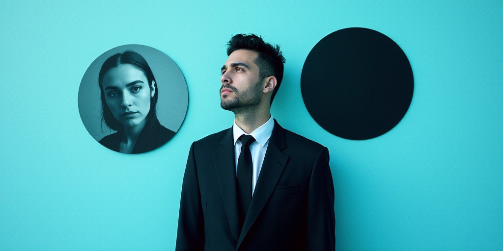 a man in a suit and tie is on a blue background with a black circle and a black and white photo, Ale