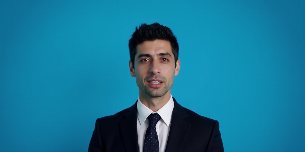a man in a suit and tie is on a blue background with a black and white photo of him, Carlos Enríque