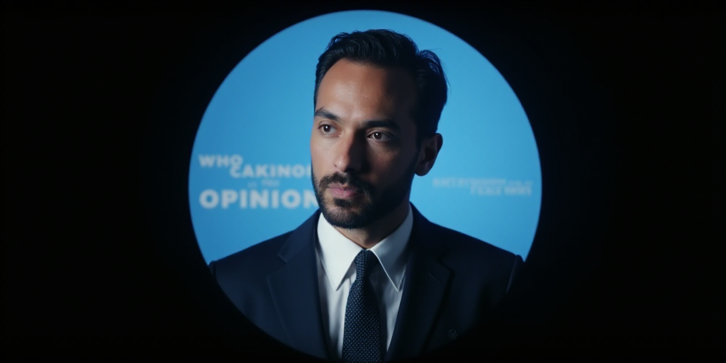 a man in a suit and tie is shown in a blue circle with the words opinion on it and a black backgroun