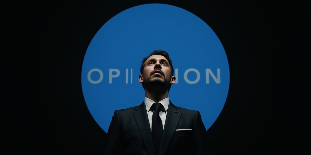 a man in a suit and tie is shown in a blue circle with the words opinion on it and a black backgroun