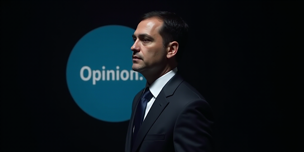 a man in a suit and tie is shown in a blue circle with the words opinion on it and a black backgroun