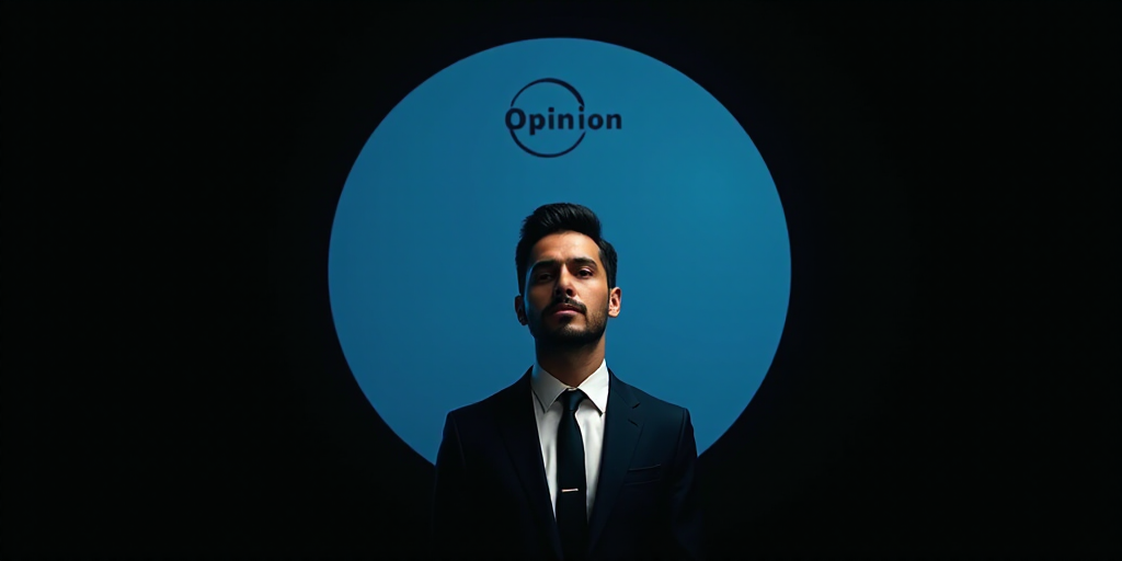 a man in a suit and tie is shown in a blue circle with the words opinion on it and a black backgroun