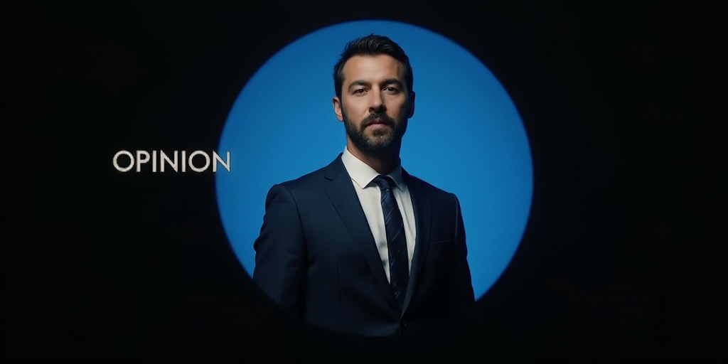 a man in a suit and tie is shown in a blue circle with the words opinion on it and a black backgroun