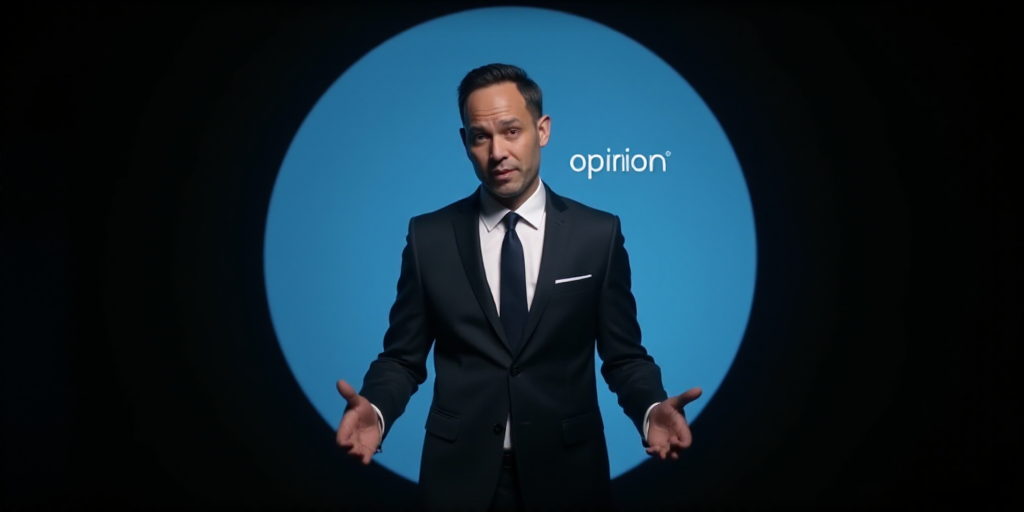 a man in a suit and tie is shown in a blue circle with the words opinion on it and a black backgroun
