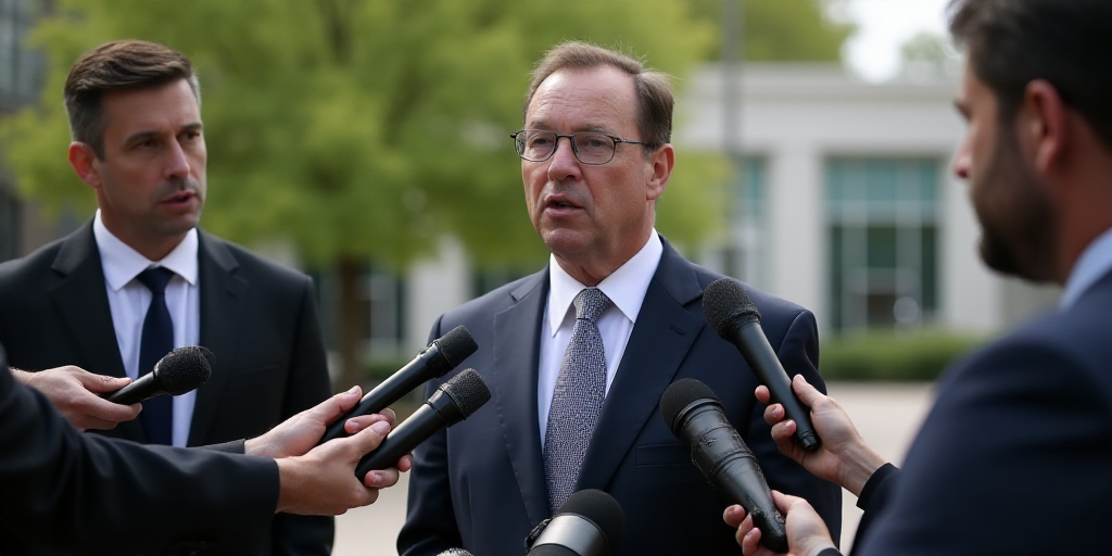 a man in a suit and tie is speaking to reporters outside of a building with trees in the background,