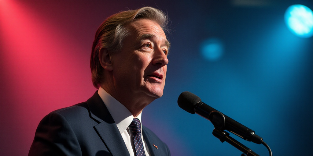 a man in a suit and tie is speaking into a microphone with a colorful background behind him and a mi