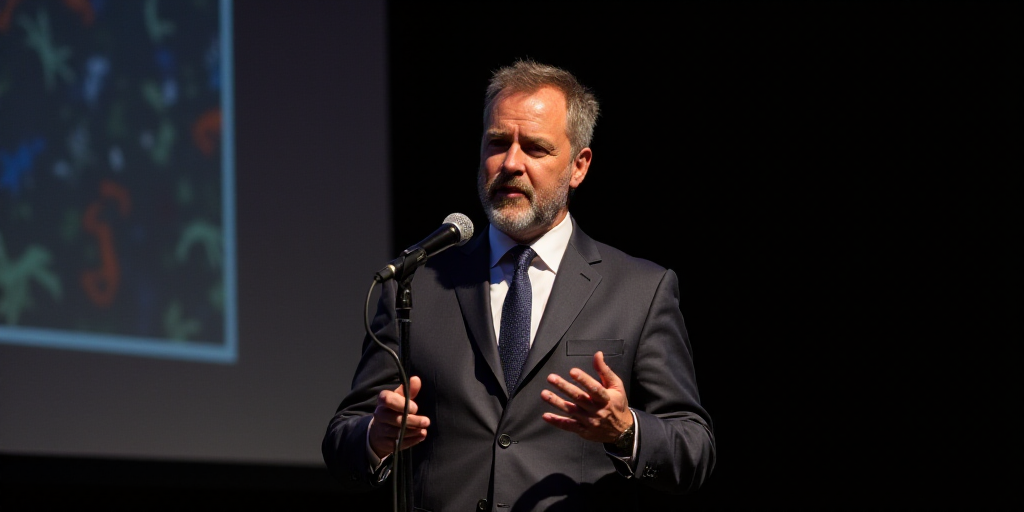 a man in a suit and tie is speaking into a microphone with his hands out in front of him, Christoph