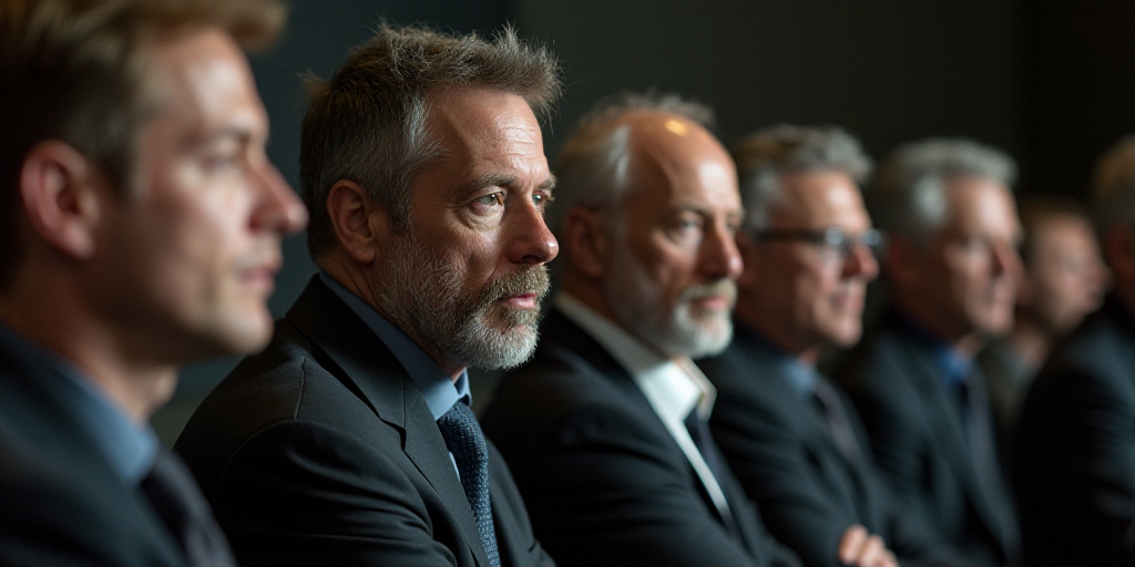 a man in a suit and tie looking at something with a serious look on his face as people look on, Doug