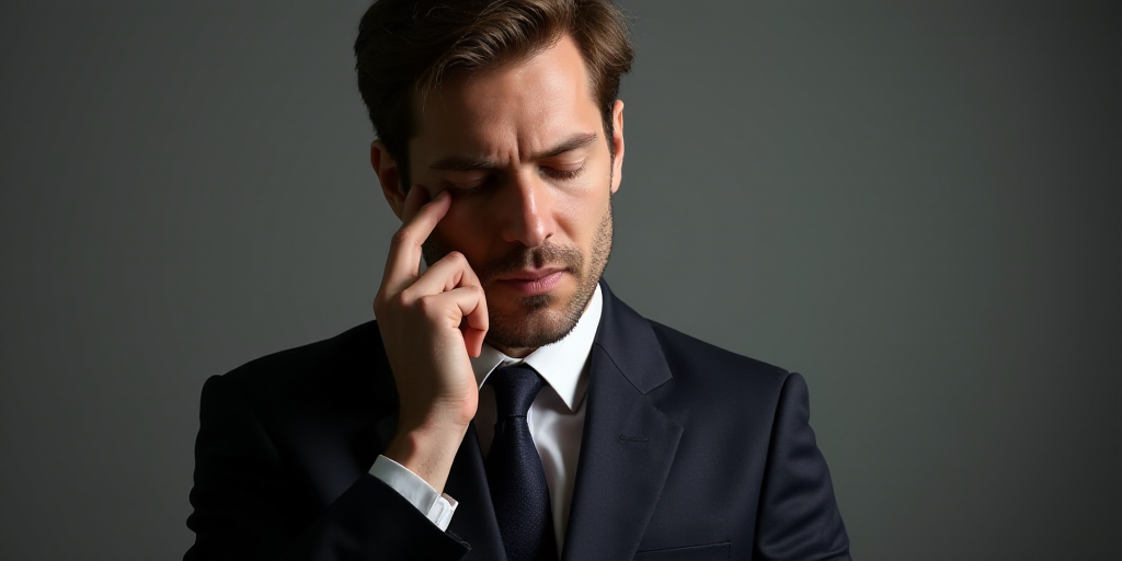 a man in a suit and tie looking at something with his hand on his face and his eyes closed, Donald R