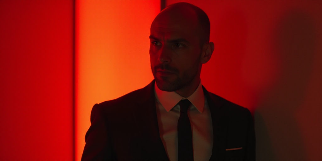 a man in a suit and tie looking off to the side with a red light behind him and a red wall behind hi