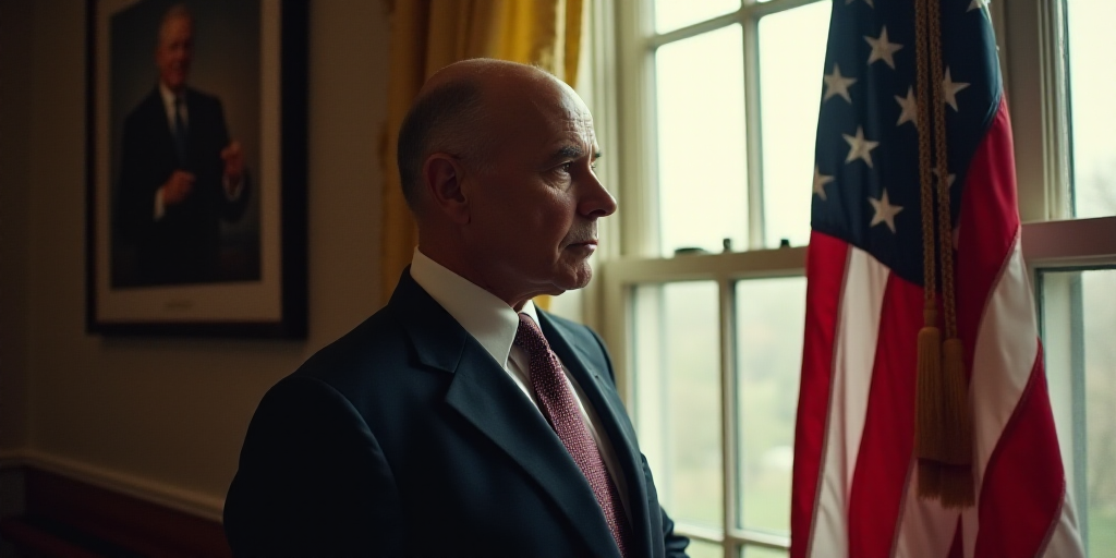 a man in a suit and tie looking out a window with a flag in front of him and a picture of president