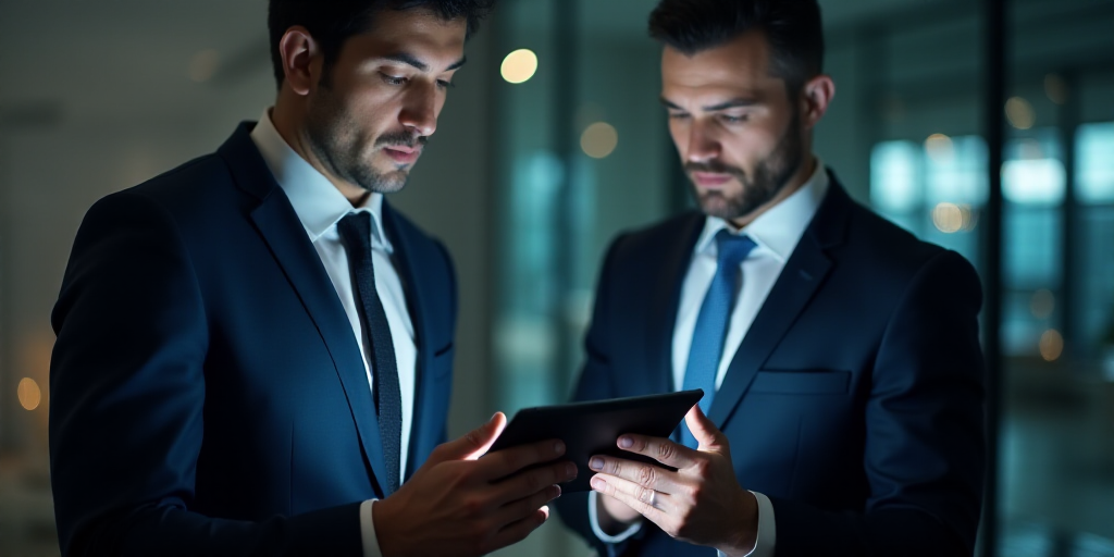 a man in a suit and tie looking at a tablet screen while another man in a suit looks at a tablet scr
