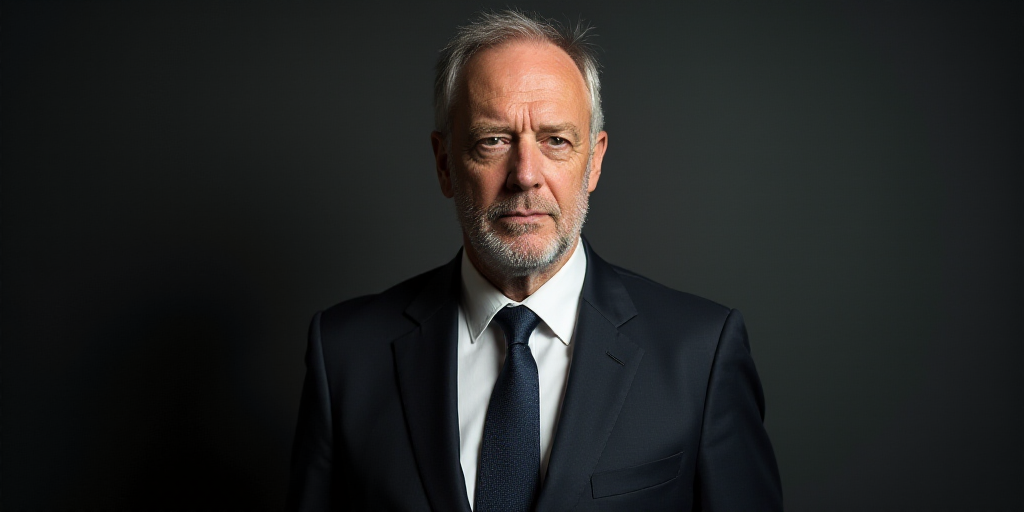 a man in a suit and tie looking at the camera with a serious look on his face and shoulders, Armin B