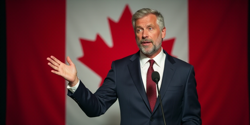 a man in a suit and tie making a hand gesture with a canadian flag behind him and a microphone in fr
