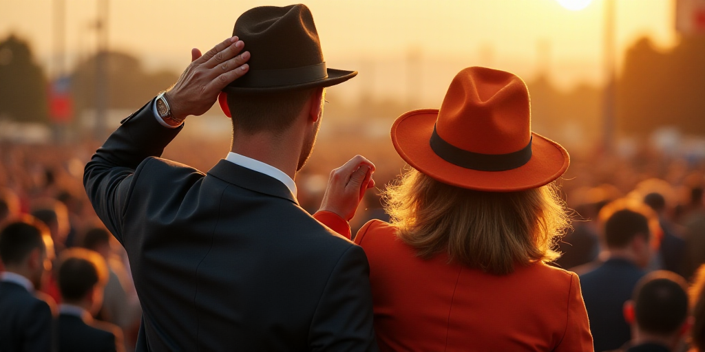 a man in a suit and tie saluting to the crowd with his hand on his head and a woman in a hat, Donald