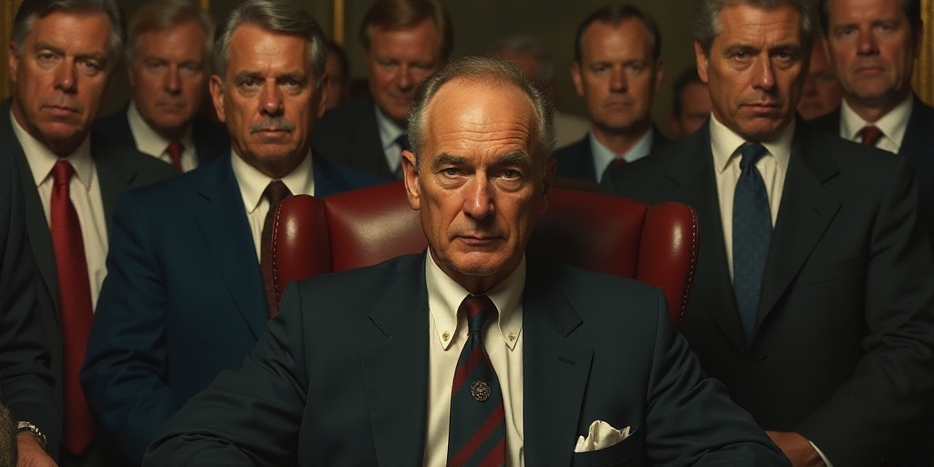 a man in a suit and tie sitting in a chair with other men in the background looking on from behind,