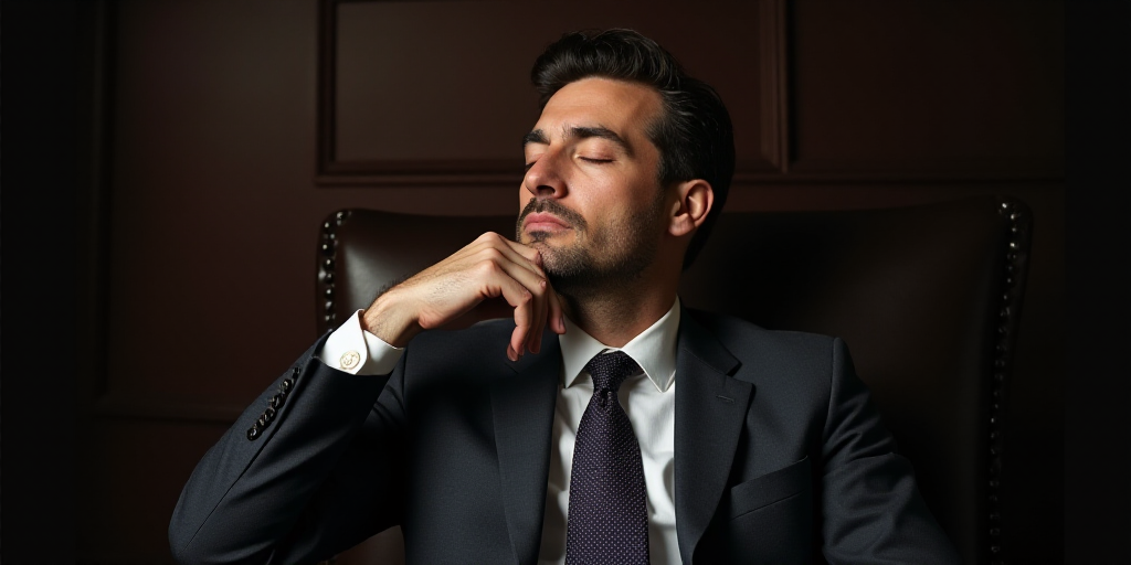 a man in a suit and tie sitting in a chair with his eyes closed and his hand on his chin, Donald Rol