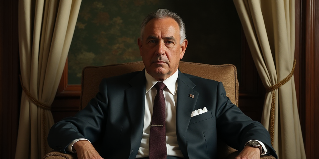 a man in a suit and tie sitting in a chair with a pillow behind him and a curtain behind him, Federi