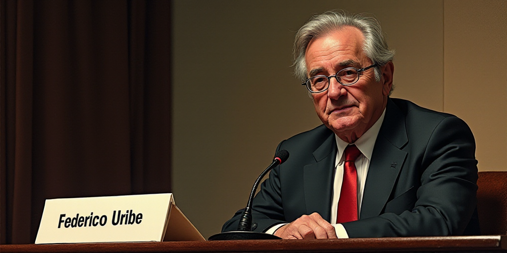 a man in a suit and tie sitting in front of a sign with a name on it and a microphone, Federico Urib