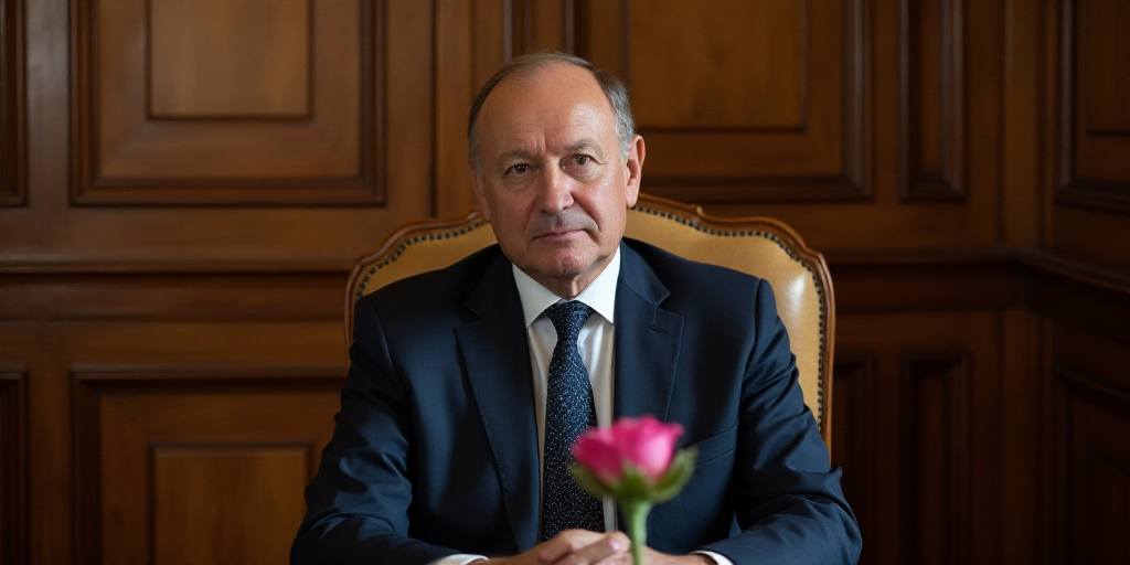 a man in a suit and tie sitting in a chair with a pink flower in front of him and a wooden paneled w