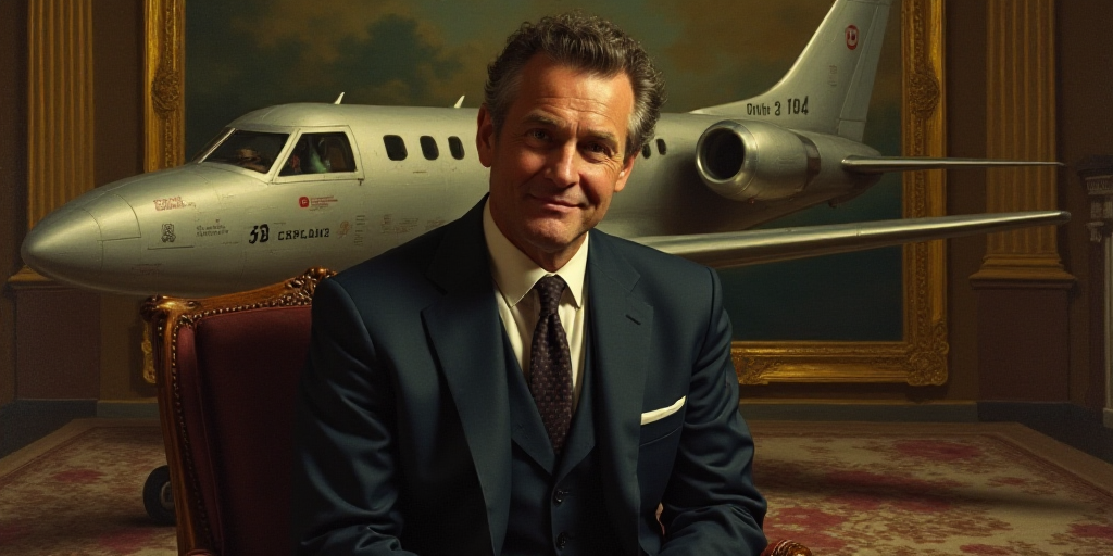 a man in a suit and tie sitting in front of a plane in a room with gold decorations and a fireplace,