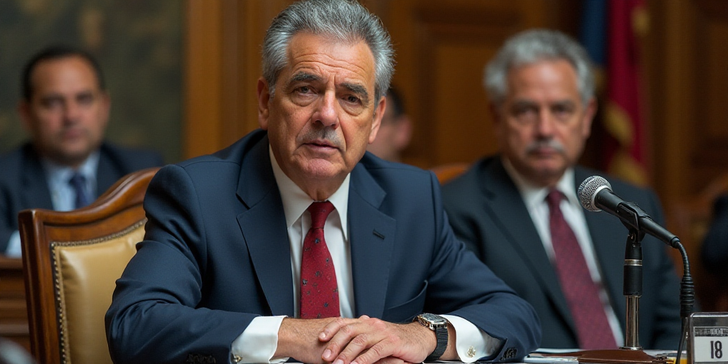 a man in a suit and tie sitting at a table with a microphone in front of him and another man in the