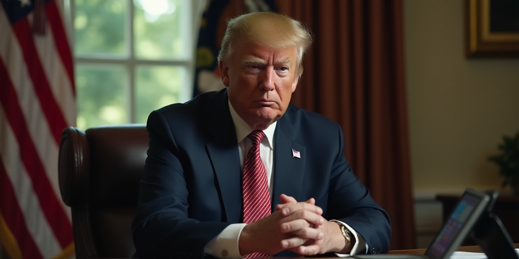 a man in a suit and tie sitting at a desk with a phone in front of him and a flag in the background,