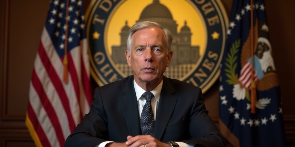 a man in a suit and tie sitting at a desk in front of a flag and a sign that says golden dome, Donal