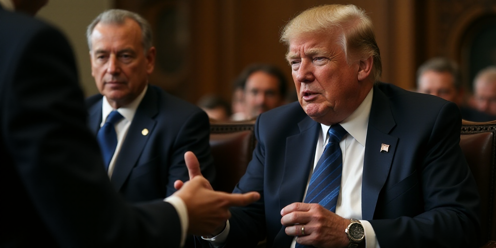 a man in a suit and tie sitting down talking to someone in a suit and tie and holding his hand out,
