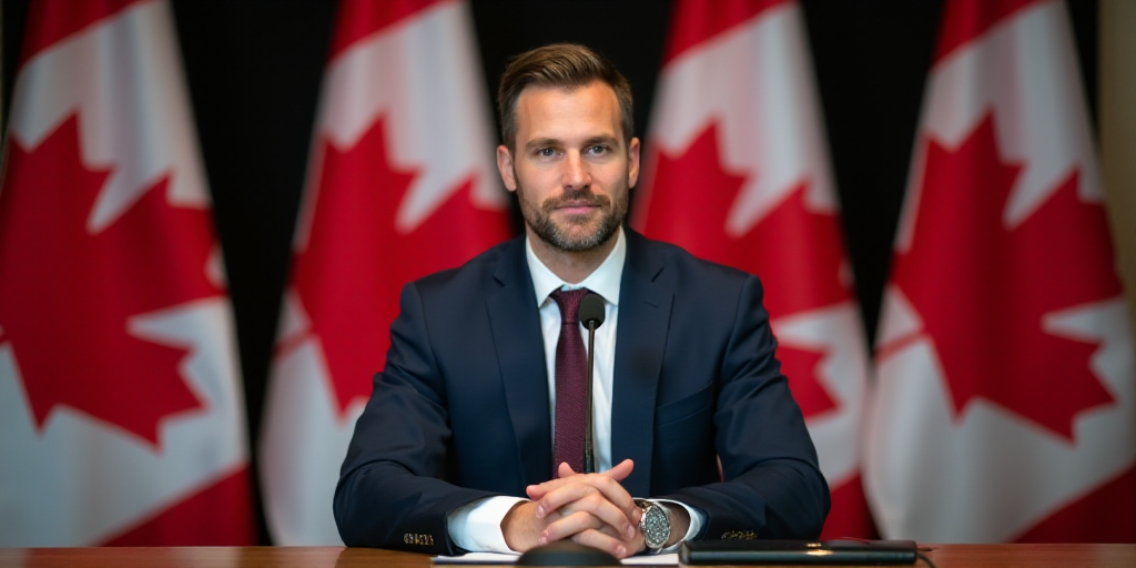 a man in a suit and tie sitting at a table with canadian flags behind him and a microphone in front