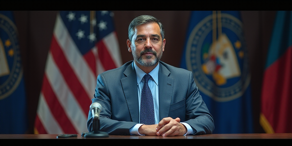 a man in a suit and tie sitting at a table with a microphone in front of him and a flag behind him,