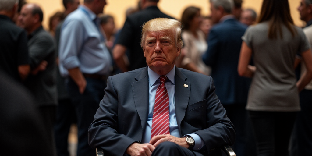 a man in a suit and tie sitting in a chair at a convention with other people around him and a crowd